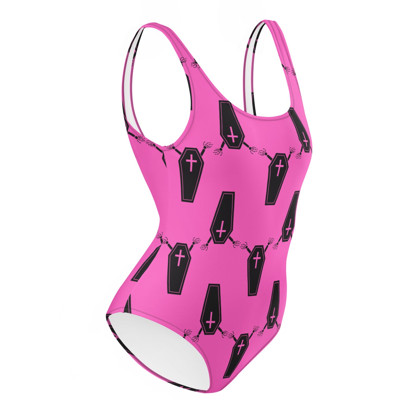 Black Coffins Hot Pink Goth One-Piece Swimsuit