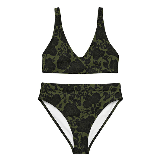 Army Green Black Floral High-Waisted Bikini