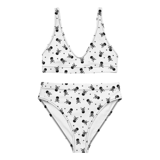 High-Waisted Bikini with Cute Skulls | White