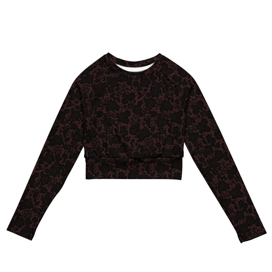 Dark Burgundy Black Floral Women's Athletic Long-sleeve Crop Top