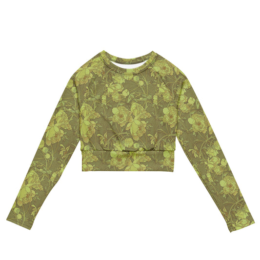 Olive Green Floral Women's Athletic Long-sleeve Crop Top