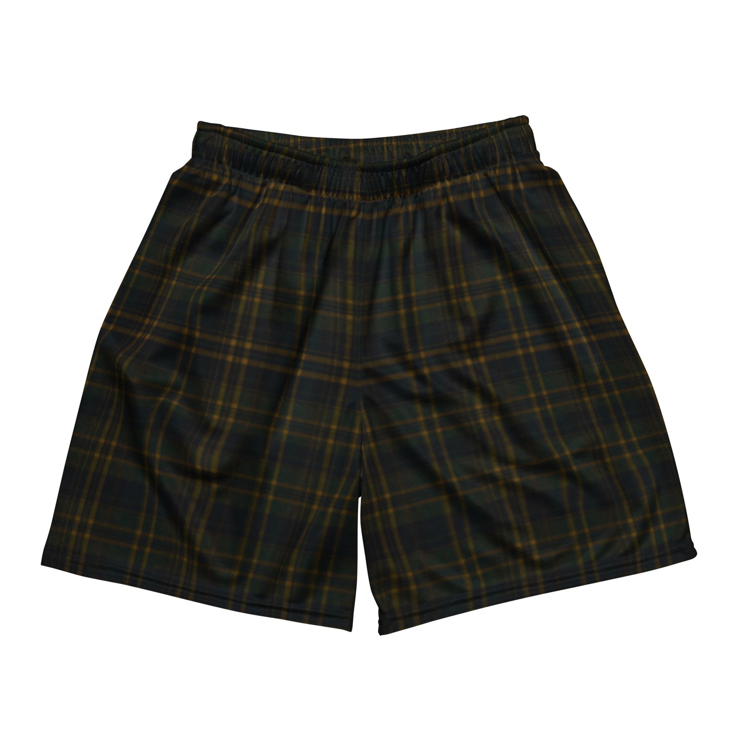 Dark Green Black and Yellow Plaid Men's Mesh Basketball Shorts