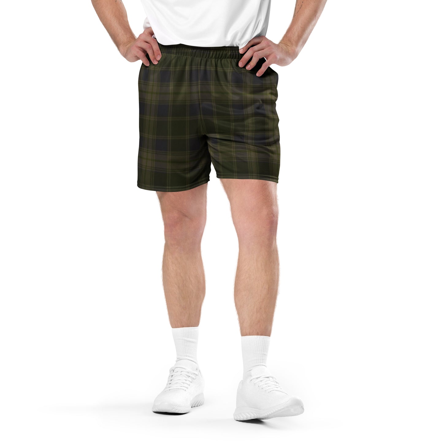 Dark Army Green Plaid Men's Mesh Basketball Shorts