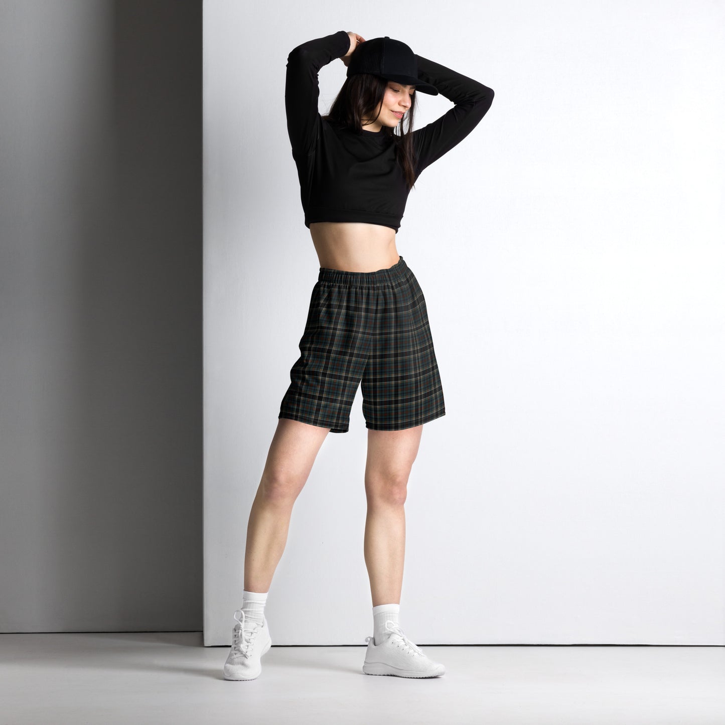 Checkered Dark Blue and Black Plaid Women's Basketball Shorts