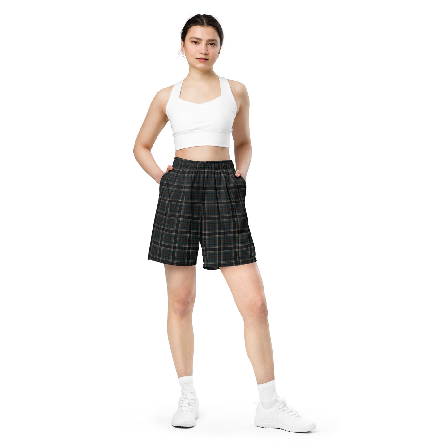 Checkered Dark Blue and Black Plaid Women's Basketball Shorts