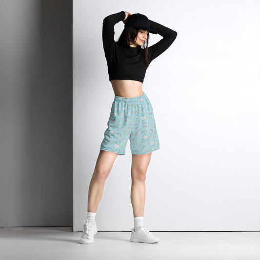 Pastel Blue Retro Kawaii Game Patterned Mesh Shorts