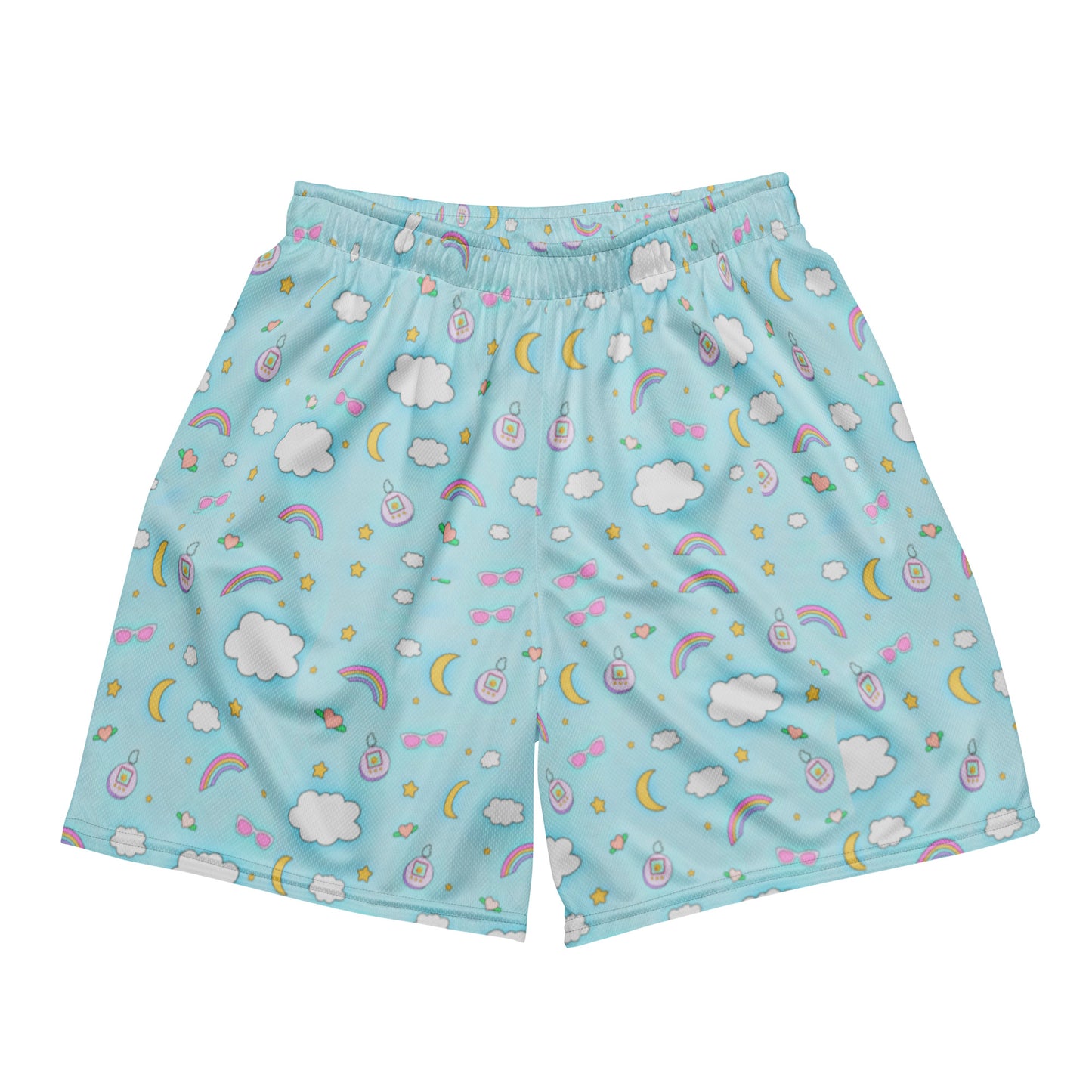 Pastel Blue Retro Kawaii Game Patterned Mesh Shorts