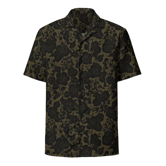 Olive Green Black Floral Men's Button Up Shirt