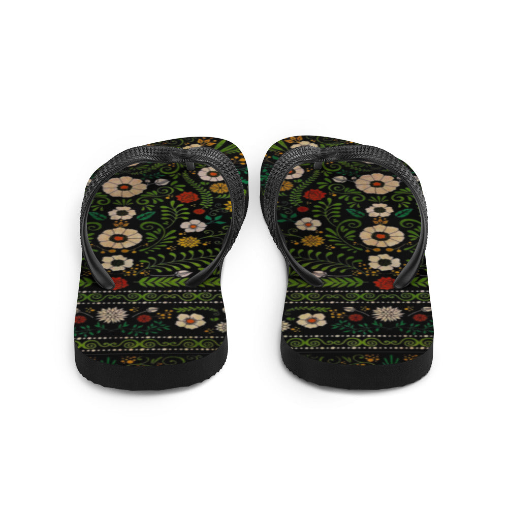 Women's Black Boho Floral Flip-Flops