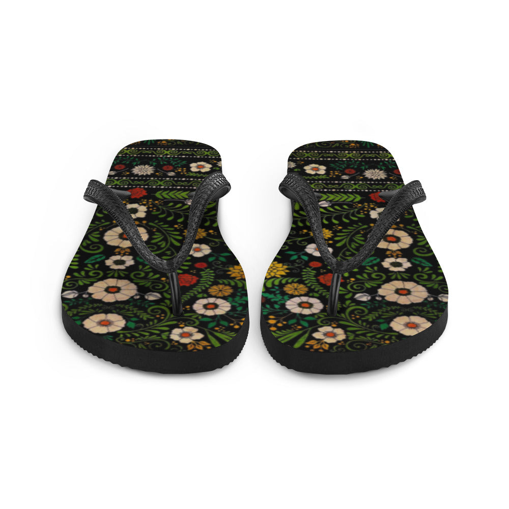 Women's Black Boho Floral Flip-Flops