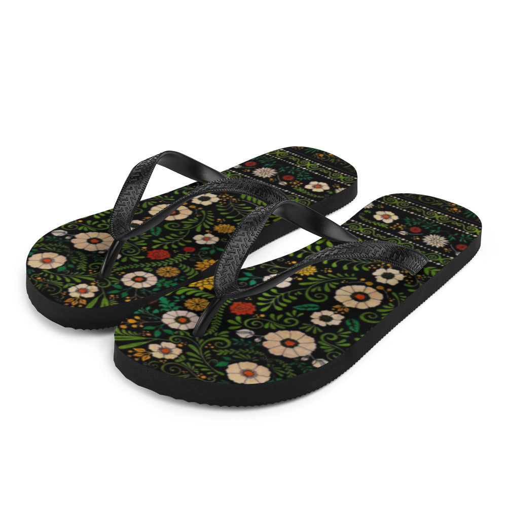 Women's Black Boho Floral Flip-Flops