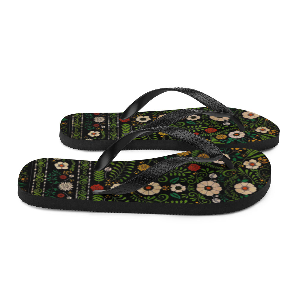 Women's Black Boho Floral Flip-Flops