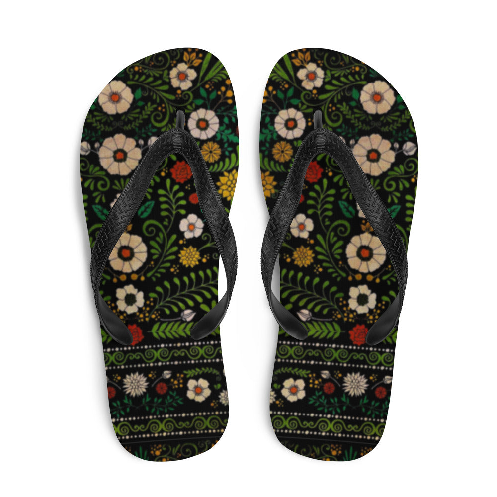 Women's Black Boho Floral Flip-Flops