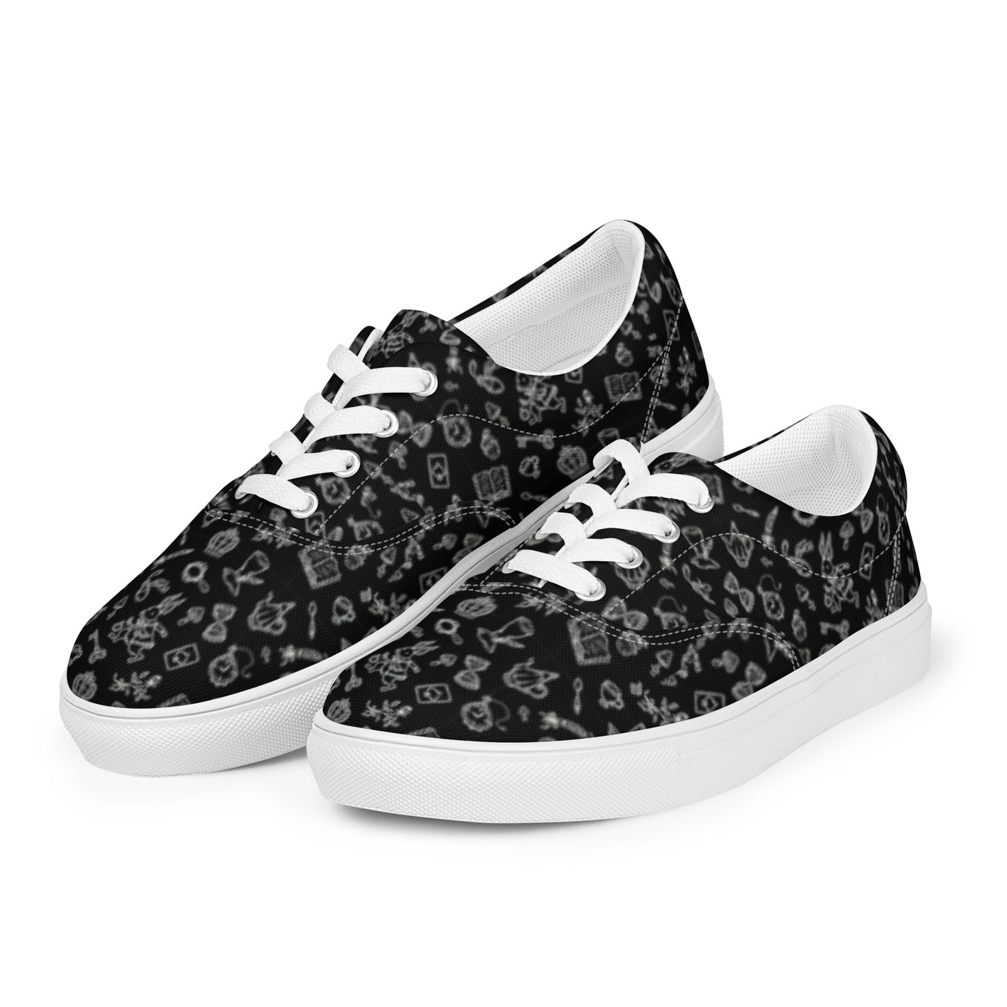 Women’s Black and White Alice in Wonderland Themed Lace Up Tennis Shoes Product