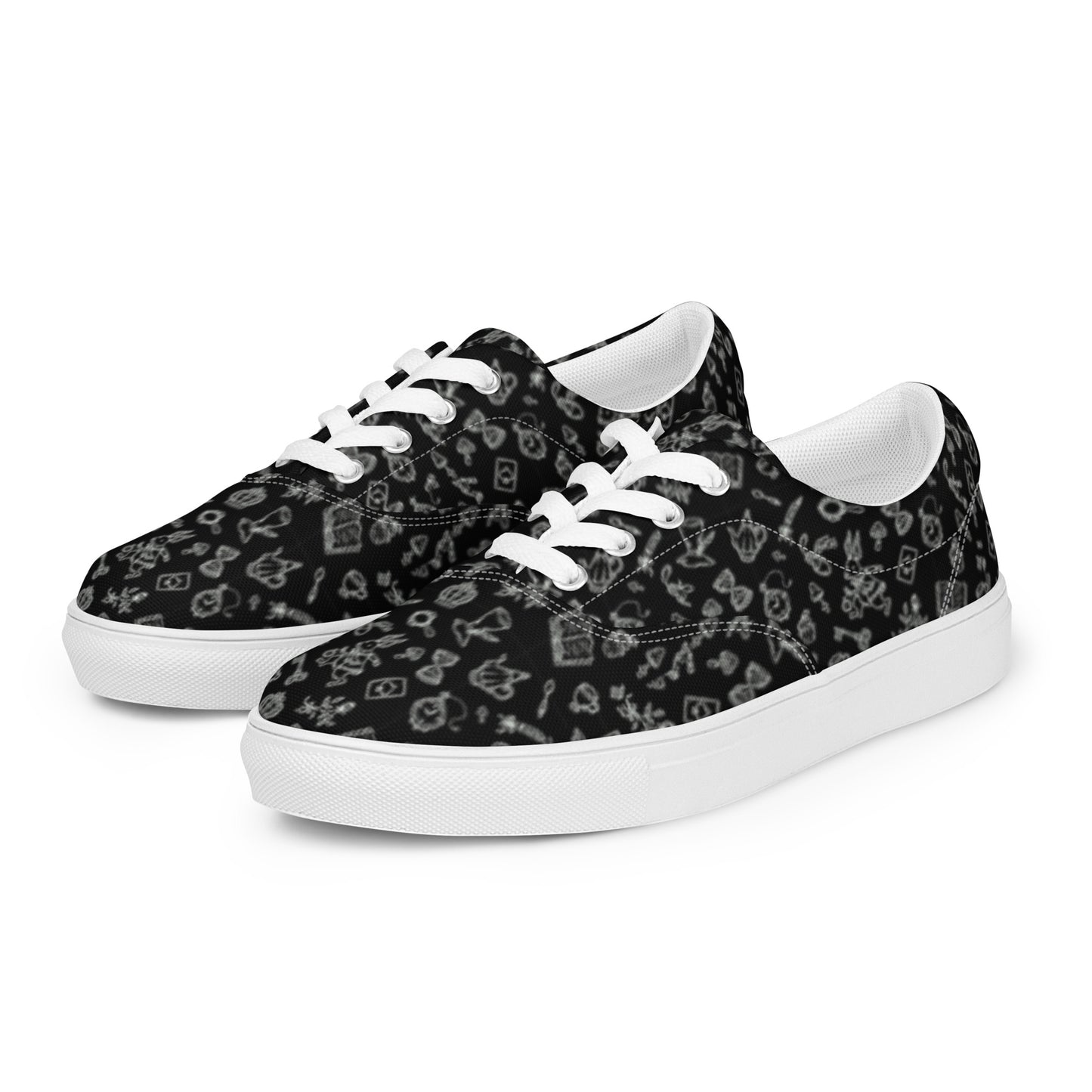 Women’s Black and White Alice in Wonderland Themed Lace Up Tennis Shoes Product