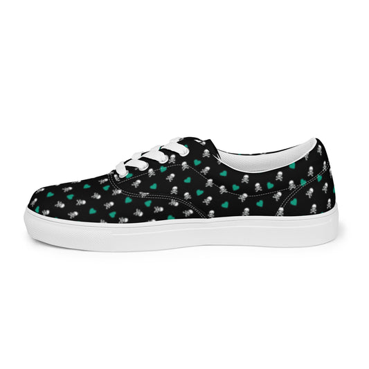 Women’s Skull and Green Hearts Black Lace Up Shoes